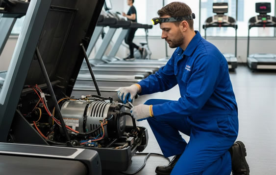 Teknisi melakukan service treadmill profesional di rumah pelanggan